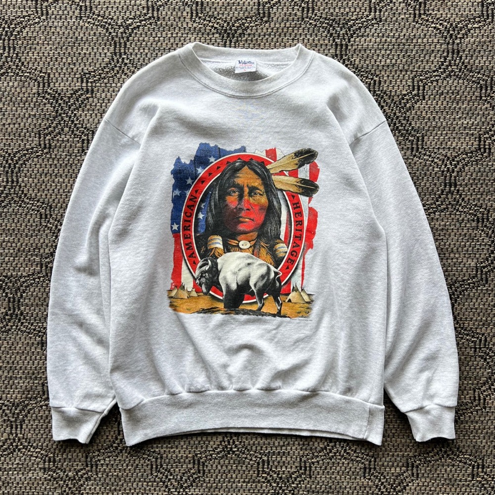 Vintage Sweatshirt Mens Large Gray American Heritage Native American Buffalo